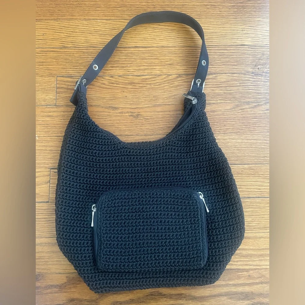 Black Crochet Knit Purse with Silver Hardware